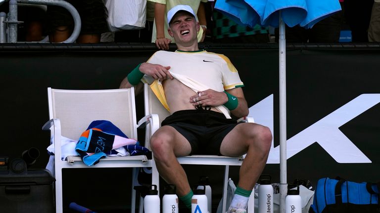 Jack Draper of Britain reacts after defeating Marcos Giron of the U.S. in their first round match at the Australian Open tennis championships at Melbourne Park, Melbourne, Australia, Tuesday, Jan. 16, 2024. (AP Photo/Alessandra Tarantino)