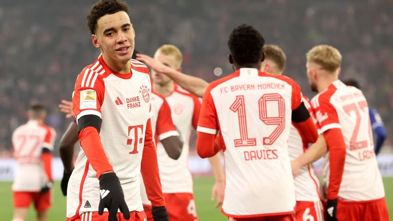 MUNICH, GERMANY - JANUARY 12: Jamal Musiala of Bayern Munich celebrates after scoring his team&#39;s second goal during the Bundesliga match between FC Bayern München and TSG Hoffenheim at Allianz Arena on January 12, 2024 in Munich, Germany. (Photo by Alexander Hassenstein/Getty Images)