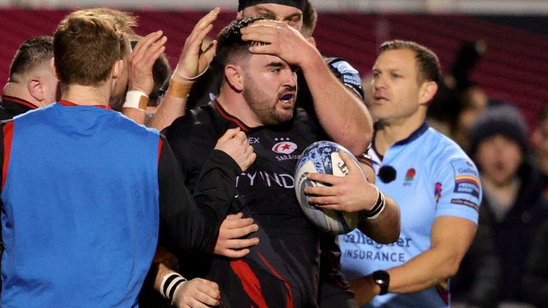 Saracens v Exeter Chiefs - Gallagher Premiership - StoneX Stadium
Saracens� James Hadfield celebrates after scoring their fourth try during the Gallagher Premiership match at the StoneX Stadium, London. Picture date: Saturday January 27, 2024.