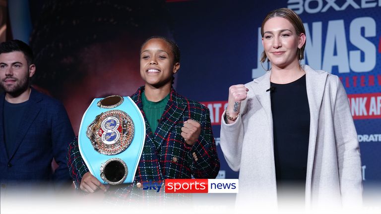 Boxers Natasha Jonas (centre) and Mikaela Mayer face off,