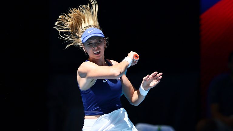 Katie Boulter of Britain plays a shot to Jessica Pegula of the United States during the United Cup tennis tournament in Perth, Australia, Sunday, Dec. 31, 2023. (AP Photo/Trevor Collens)