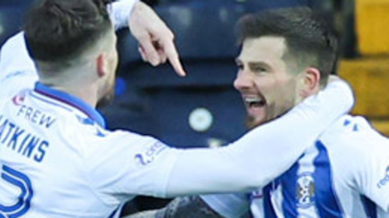 KILMARNOCK, SCOTLAND - JANUARY 27: Kilmarnock's Matty Kennedy celebrates with Marley Watkins during a cinch Premiership match between Kilmarnock and Hibernian at Rugby Park, on January 27, 2024, in Kilmarnock, Scotland. (Photo by Roddy Scott / SNS Group)