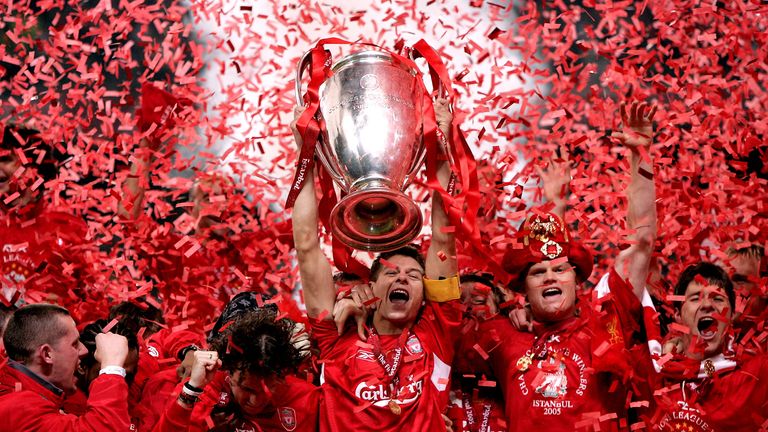 Liverpool captain Steven Gerrard lifts the Champions League trophy following a dramatic victory over AC Milan in the 2005 final