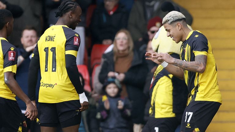 Matheus Martins celebrates his opener for Watford