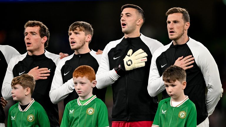 Dublin , Ireland - 21 November 2023; New Zealand players, from left, Joe Bell, Callum McCowatt, Max Crocombe and Chris Wood before the international friendly match between Republic of Ireland and New Zealand at Aviva Stadium in Dublin. (Photo By Stephen McCarthy/Sportsfile via Getty Images)