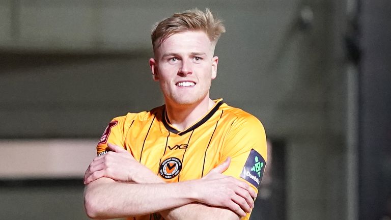 Newport County's Will Evans celebrates scoring their side's second goal of the game during the Emirates FA Cup fourth round match at Rodney Parade, Newport. Picture date: Sunday January 28, 2024.