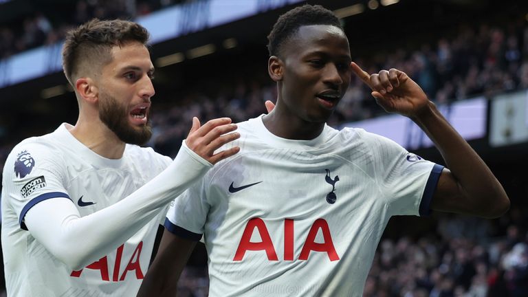 Tottenham&#39;s Pape Matar Sarr celebrates after scoring his side&#39;s opening goal