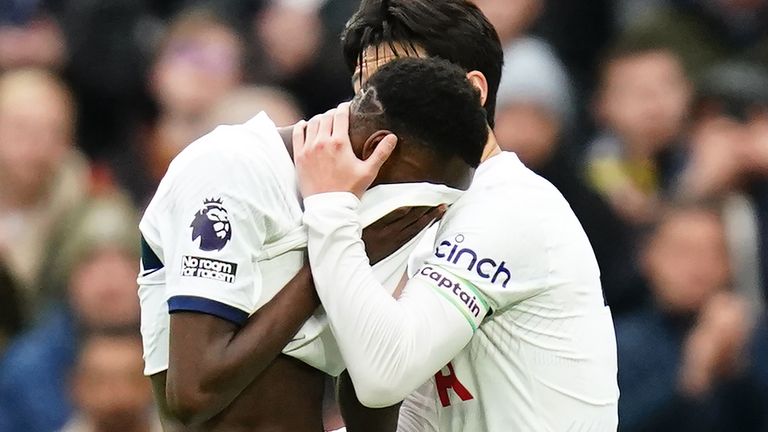 Tottenham&#39;s Pape Matar Sarr leaves the pitch after picking up an injury