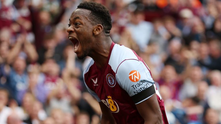 Jhon Duran celebrates after scoring a late equaliser for Aston Villa against Crystal Palace