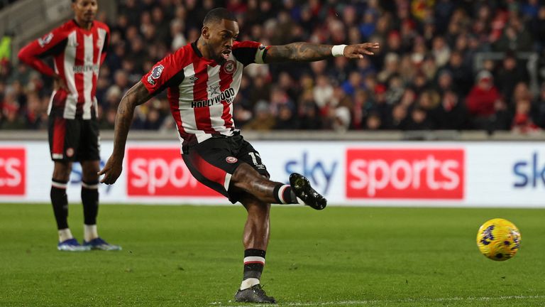 Ivan Toney scores with a direct free-kick on his return to Premier League action