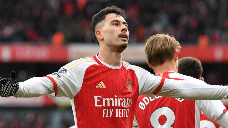 Gabriel Martinelli celebrates after extending Arsenal's lead over Crystal Palace