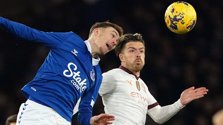 James Garner and Jack Grealish compete for a header