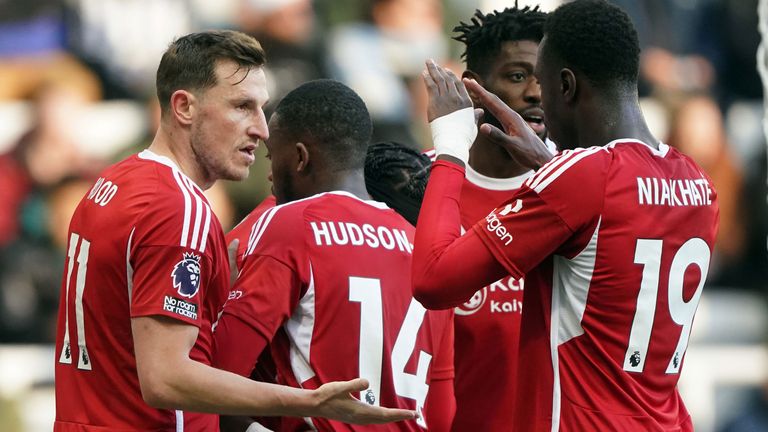 Chris Wood is congratulated by his Nottingham Forest team-mates after scoring at St James&#39; Park