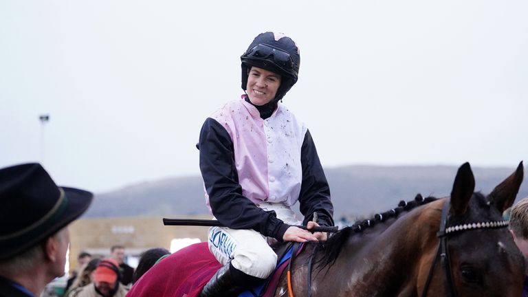 Rachael Blackmore smiles after winning the Relkeel Hurdle on Bob Olinger