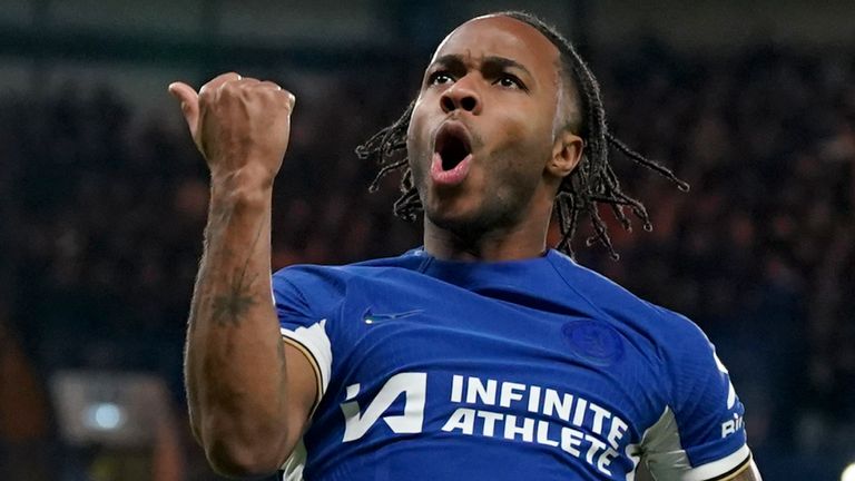 Chelsea&#39;s Raheem Sterling (left) celebrates scoring his sides third goal of the game during the Emirates FA Cup Third Round match at Stamford Bridge, London. Picture date: Saturday January 6, 2024.