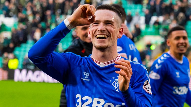 Ryan Kent celebrates his goal at Celtic Park