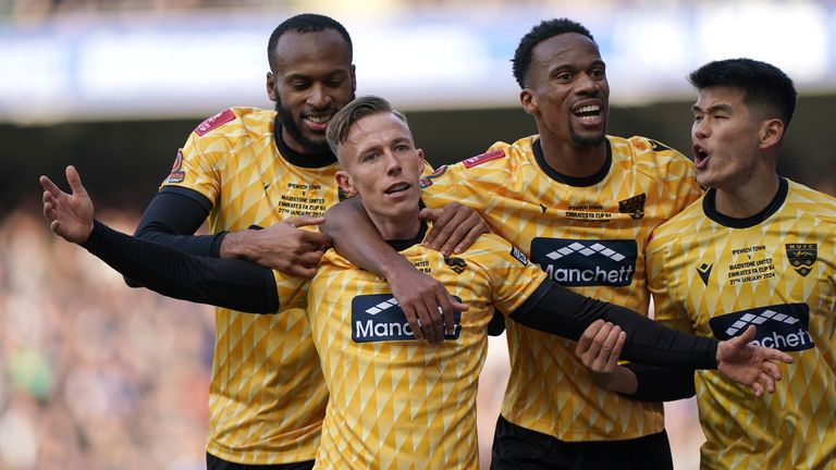 Sam Corne celebrates scoring Maidstone's second goal