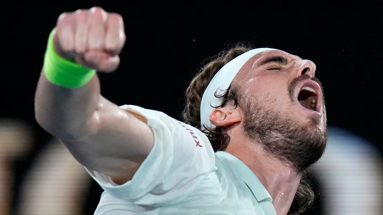 Stefanos Tsitsipas of Greece celebrates after defeating Jordan Thompson of Australia in their second round match at the Australian Open tennis championships at Melbourne Park, Melbourne, Australia, Wednesday, Jan. 17, 2024. (AP Photo/Andy Wong)