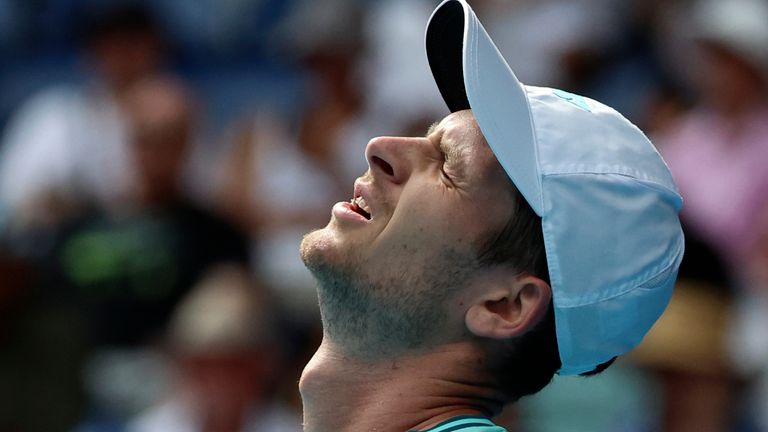 Hubert Hurkacz of Poland reacts during his quarterfinal match against Daniil Medvedev of Russia at the Australian Open tennis championships at Melbourne Park, Melbourne, Australia, Wednesday, Jan. 24, 2024. (AP Photo/Asanka Brendon Ratnayake)