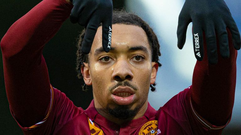 PERTH, SCOTLAND - JANUARY 27: Motherwell's Theo Bair celebrates scoring to make it 1-1 during a cinch Premiership match between St Johnstone and Motherwell at McDiarmid Park, on January 27, 2024, in Perth, Scotland. (Photo by Ross Parker / SNS Group)