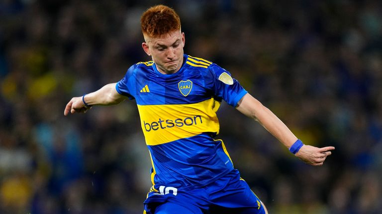 Valentin Barco of Argentina's Boca Juniors kicks the ball during a Copa Libertadores semifinal first leg soccer match against Brazil's Palmeiras