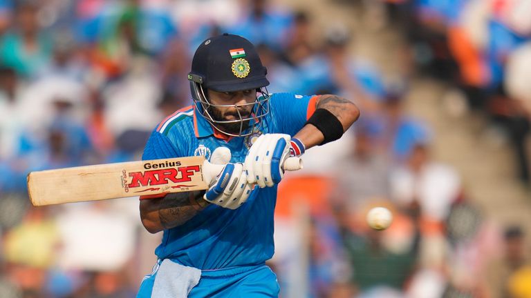 India&#39;s Virat Kohli plays a shot during the ICC Men&#39;s Cricket World Cup final match between India and Australia in Ahmedabad, India, Sunday, Nov.19, 2023. (AP Photo/Aijaz Rahi)