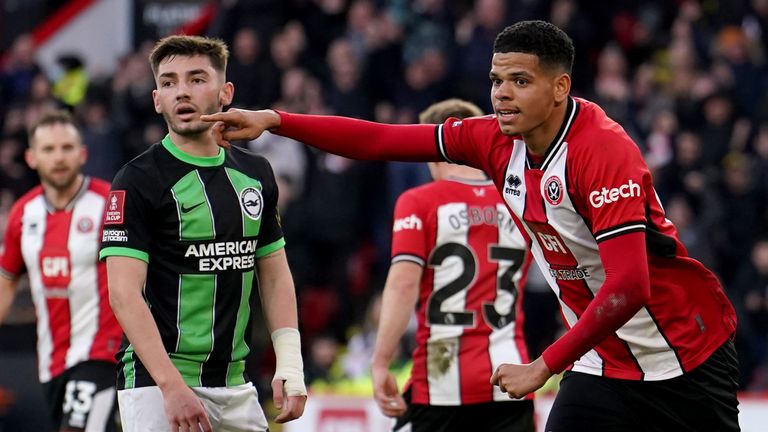 William Osula celebrates after Sheffield United pull level with Brighton