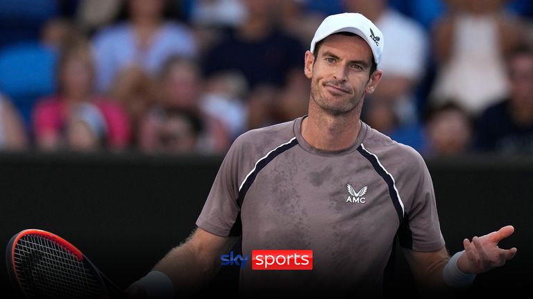 Andy Murray of Britain reacts during his first round match against Tomas Martin Etcheverry of Argentina at the Australian Open tennis championships at Melbourne Park, Melbourne, Australia, Monday, Jan. 15, 2024. (AP Photo/Andy Wong)