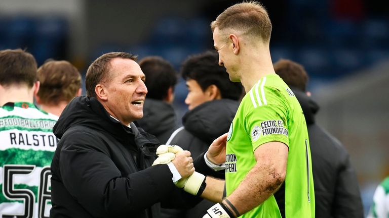 DINGWALL, SCOTLAND - NOVEMBER 04: Celtic Manager Brendan Rodgers and Joe Hart during a cinch Premership match betweeen Ross County and Celtic at the Global Energy Stadium, on November 04,2023, in Dingwall, Scotland.  (Photo by Rob Casey / SNS Group)