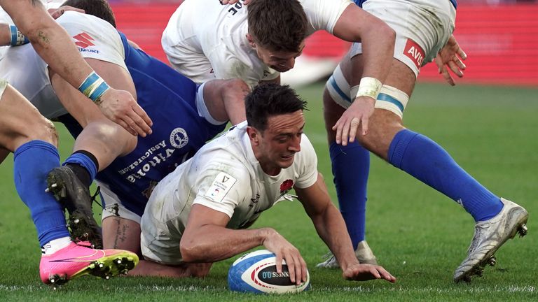 England's Alex Mitchell scores his sides second try during the Guinness Six Nations match at the Stadio Olimpico in Rome, Italy. Picture date: Saturday February 3, 2024.