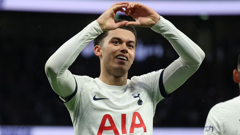 Tottenham's Brennan Johnson celebrates scoring his side's winner