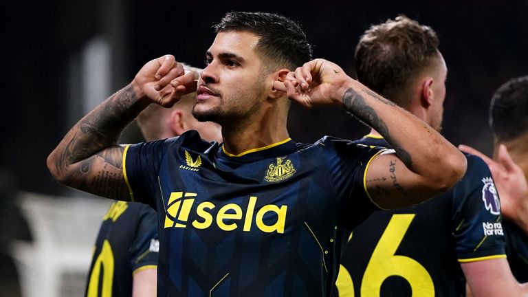 Bruno Guimaraes celebrates scoring his second and Newcastle's third goal