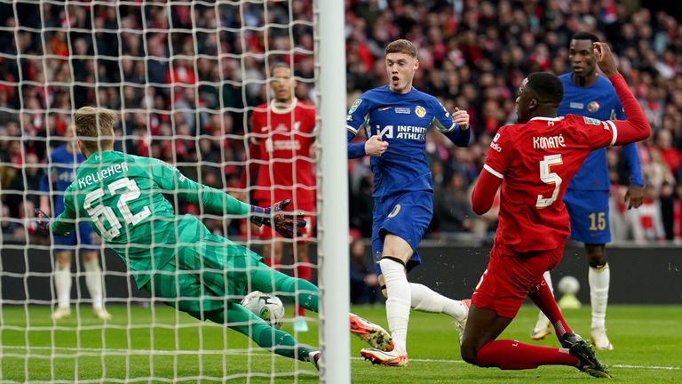 Liverpool goalkeeper Caoimhin Kelleher saves a shot from Chelsea's Cole Palmer 