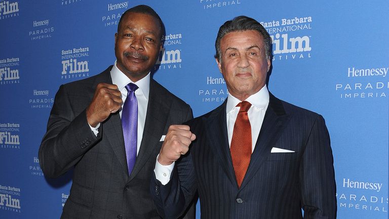 **FILE PHOTO** Carl Weathers Has Passed Away** SANTA BARBARA, CA - FEBRUARY 9: Carl Weathers and Sylvester Stallone at the 31st Santa Barbara International Film Festival Montecito Award at Arlington Theatre on February 9, 2016 in Santa Barbara, California. Credit: PGSK/MediaPunch /IPX