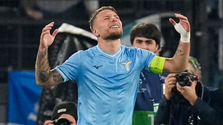 Lazio's Ciro Immobile celebrates after scoring vs Bayern Munich