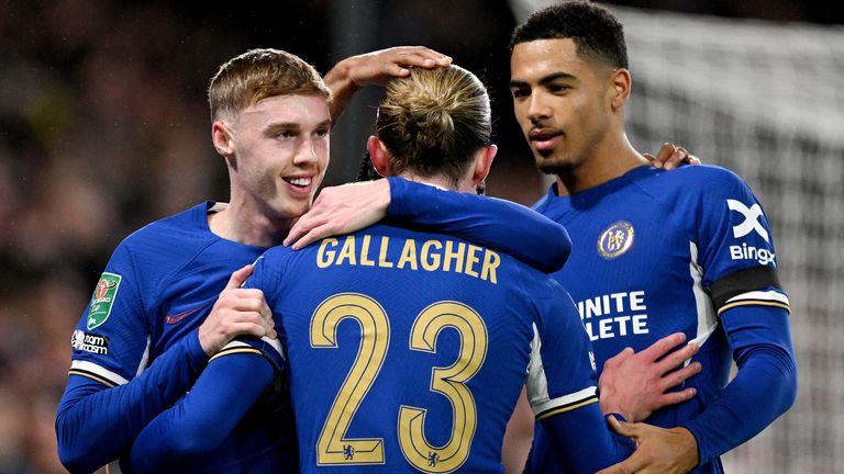 Cole Palmer celebrates one of his two goals for Chelsea against Middlesbrough