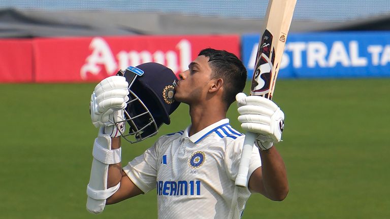 India's Yashasvi Jaiswal celebrates his double century on the second day of the second test match between India and England, in Visakhapatnam, India, Saturday, Feb. 3, 2024. (AP Photo/Manish Swarup)