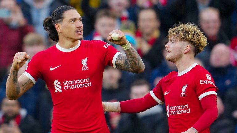 Liverpool's Darwin Nunez celebrates with Harvey Elliott after making it 3-1