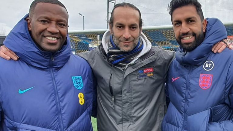 England U21 coach Michael Johnson, Sky Sports News' Dev Trehan and Midlands talent developer Jas Batt at Sporting Khalsa FC