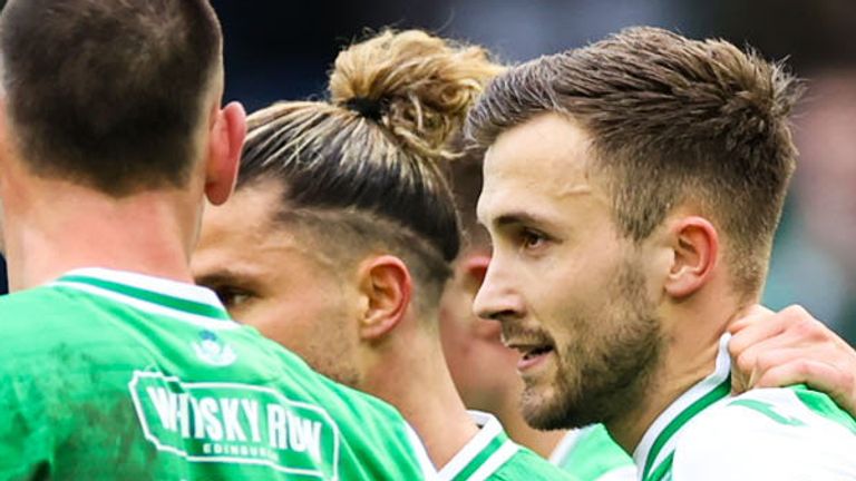 EDINBURGH, SCOTLAND - FEBRUARY 24: Hibernian's Dylan Vente (right) celebrates with Lewis Miller after scoring to make it 1-0 during a cinch Premiership match between Hibernian and Dundee at Easter Road Stadium, on February 24, 2024, in Edinburgh, Scotland. (Photo by Roddy Scott / SNS Group)