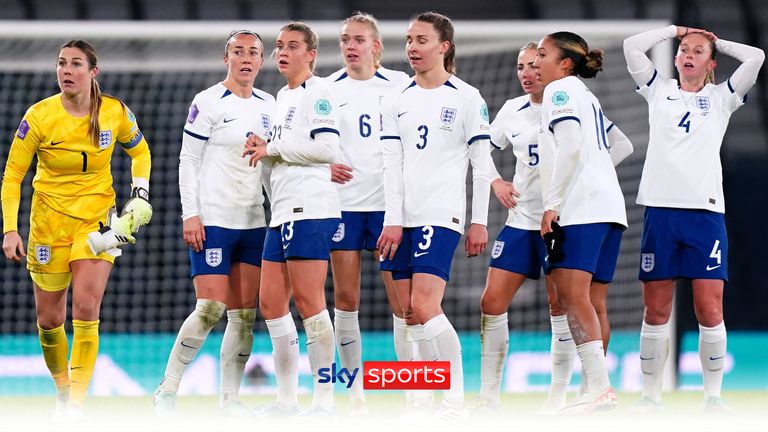 England players react at the end of the UEFA Women's Nations League Group A1 match at Hampden Park, Glasgow, after failing to advance to the Nations League finals and secure Paris 2024 Olympic qualification following the result of the Nations League match between the Netherlands and Belgium. Picture date: Tuesday December 5, 2023.