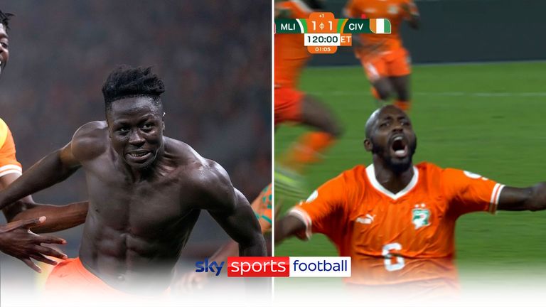 Ivory Coast &#39;s Oumar Diakite, center, celebrates with teammates during the African Cup of Nations quarter final soccer match between Mali and Ivory Coast, at the Peace of Bouake stadium in Bouake, Ivory Coast, Saturday, Feb. 3, 2024. (AP Photo/Sunday Alamba)