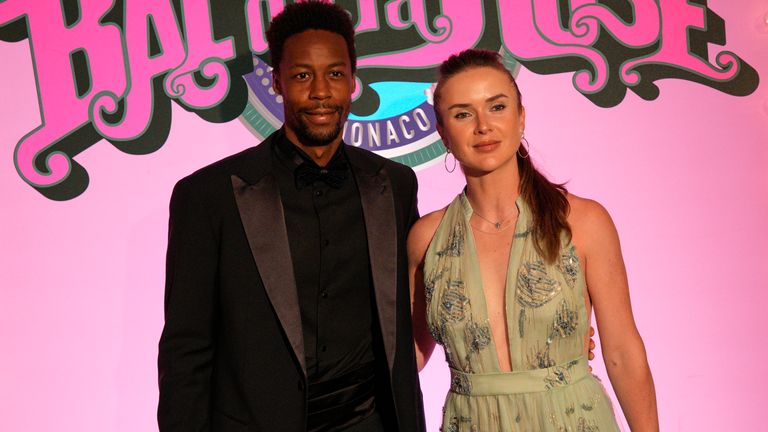 Gael Monfils and Elina Svitolina attend the "Bal de la Rose" (Rose Ball), in Monaco, March 25, 2023. The charity event is held annually in the principality. (AP Photo/Daniel Cole, Pool)