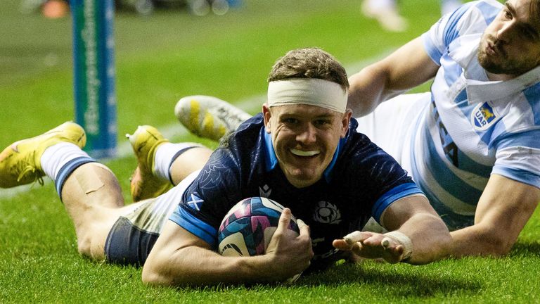 EDINBURGH, SCOTLAND - NOVEMBER 19: Scotland's Darcy Graham scores his second try during an Autumn Nations Series match between Scotland and Argentina at BT Murrayfield, on November 19, 2022, in Edinburgh, Scotland. (Photo by Craig Williamson / SNS Group)