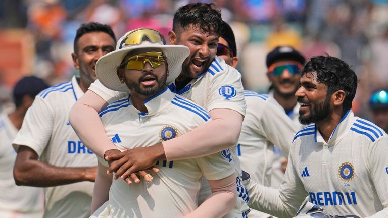 Shreyas Iyer celebrates after running out Ben Stokes in second Test at Vizag (Associated Press)