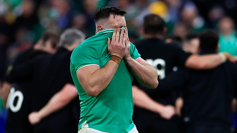 Ireland's Jack Conan reacts after the Rugby World Cup quarterfinal match between Ireland and New Zealand at the Stade de France in Saint-Denis, near Paris, Saturday, Oct. 14, 2023. (AP Photo/Aurelien Morissard)