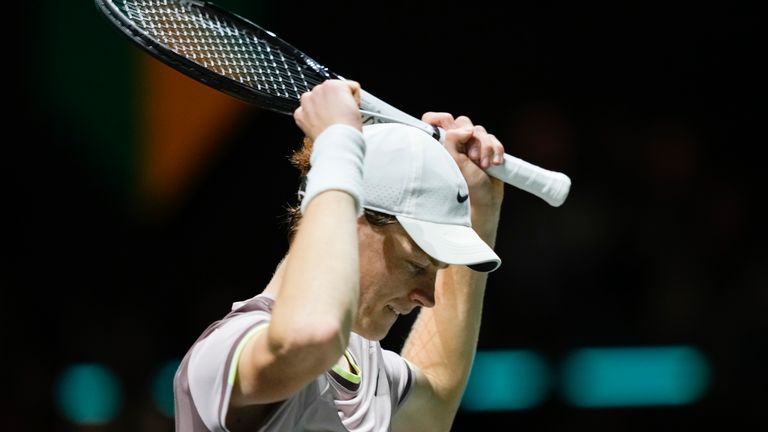 Italy's Jannik Sinner celebrates winning the men's final of the ABN AMRO ATP tennis tournament against Australia's Alex De Minaur at Ahoy arena in Rotterdam, Netherlands, Sunday, Feb. 18, 2024. (AP Photo/Peter Dejong)