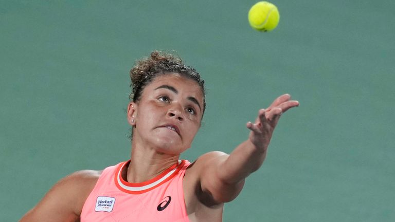 Jasmine Paolini of Italy serves to Anna Kalinskaya during the final match of the Dubai Duty Free Tennis Championships in Dubai, United Arab Emirates, Saturday, Feb. 24, 2024. (AP Photo/Kamran Jebreili)