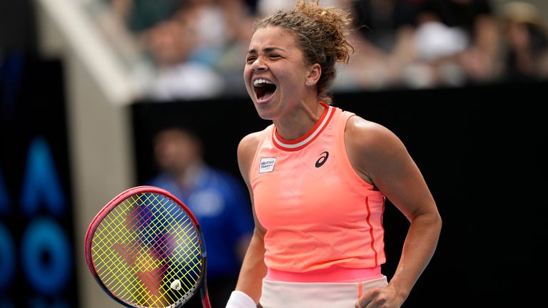 Jasmine Paolini of Italy celebrates after defeating Anna Blinkova of Russia in their third round match at the Australian Open tennis championships at Melbourne Park, Melbourne, Australia, Saturday, Jan. 20, 2024. (AP Photo/Alessandra Tarantino)