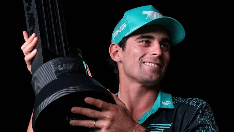 Captain Joaqu..n Niemann of Torque GC, first place individual champion, celebrates with the trophy after winning in a four-hole playoff during the final round of the LIV Golf Mayakoba at the El Camale..n Golf Course on Sunday, February 04, 2024 in Playa del Carmen, Mexico. (Photo by Chris Trotman/LIV Golf via AP)